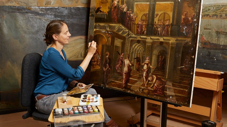 Conservation of Tintoretto's painting 'The Wise and Foolish Virgins' at the Royal Oak Conservation Studio, Knole, Kent